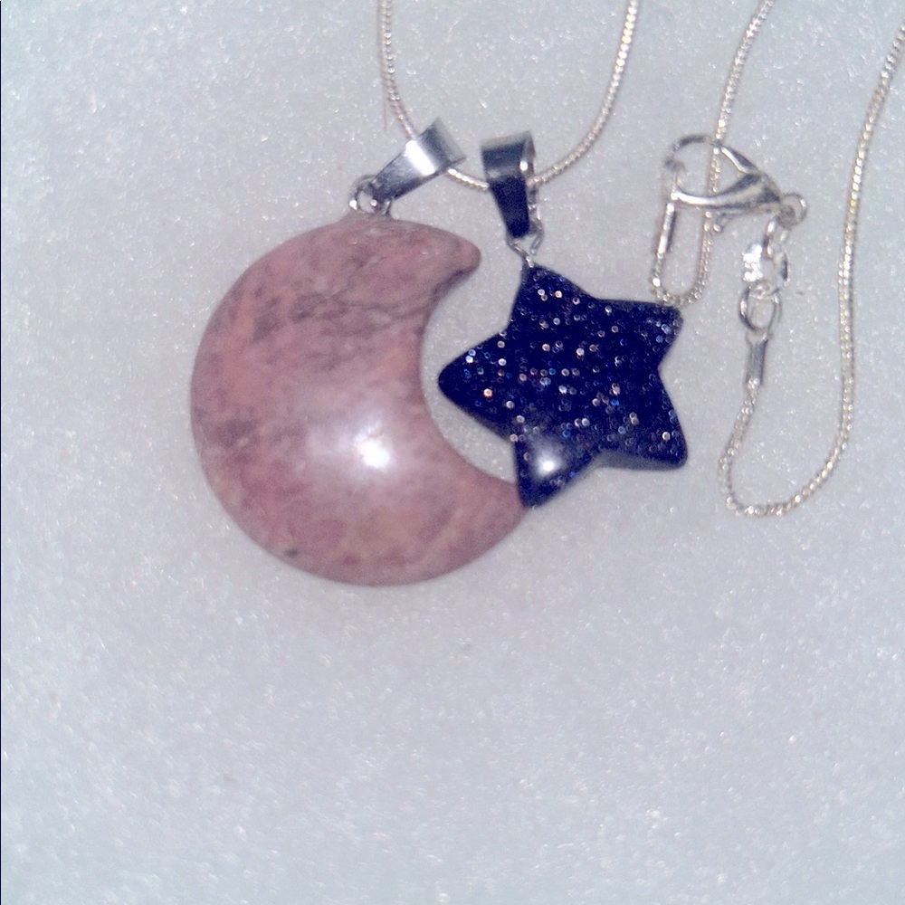 Blue Goldstone Crystal Star ⭐️ and Rhodonite Moon 🌙 sterling silver neckl…